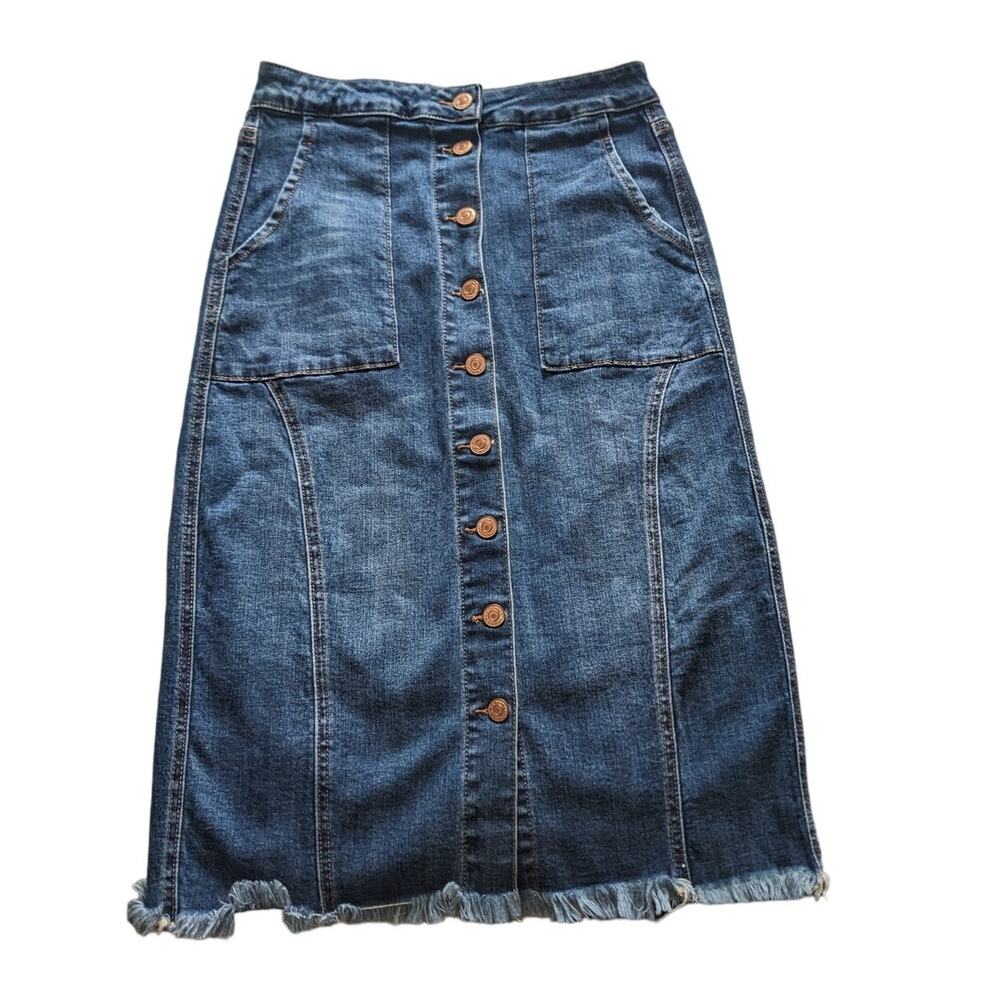Tricot Long Denim Blue Fringe Hem Button Up Skirt Small - Picture 9 of 9